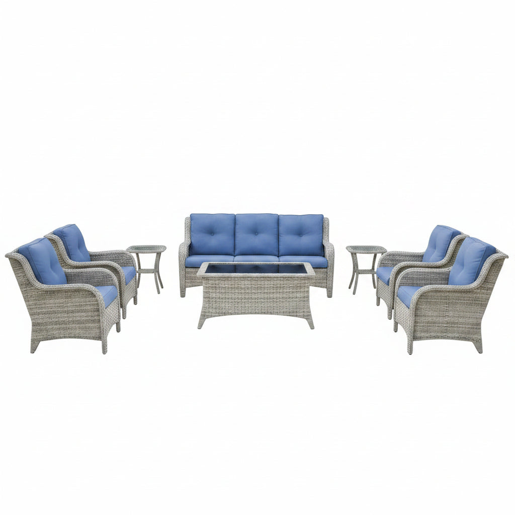 Outdoor Furniture：11 PCS Patio Furniture Set, Outdoor Furniture Set with Swivel Patio Chairs, Light Beige/Blue