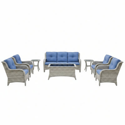 Outdoor Furniture：11 PCS Patio Furniture Set, Outdoor Furniture Set with Swivel Patio Chairs, Light Beige/Blue