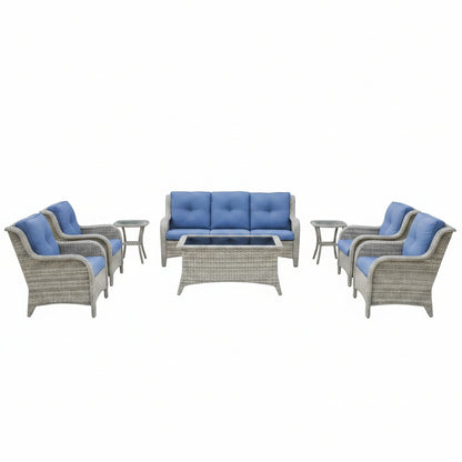 Outdoor Furniture：11 PCS Patio Furniture Set, Outdoor Furniture Set with Swivel Patio Chairs, Light Beige/Blue