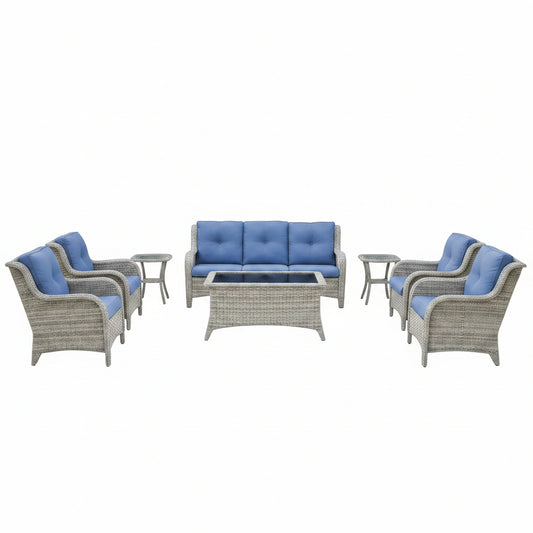 Outdoor Furniture：11 PCS Patio Furniture Set, Outdoor Furniture Set with Swivel Patio Chairs, Light Beige/Blue