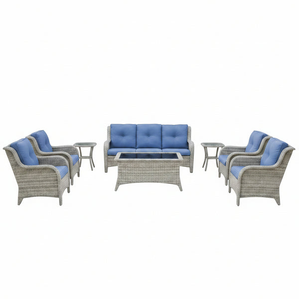 Outdoor Furniture：11 PCS Patio Furniture Set, Outdoor Furniture Set with Swivel Patio Chairs, Light Beige/Blue
